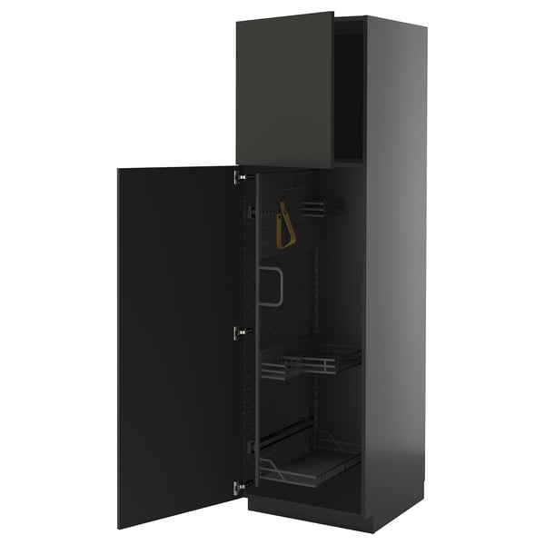 Modern black kitchen cabinet with door open, showcasing internal shelves and hanging rail, sleek design.