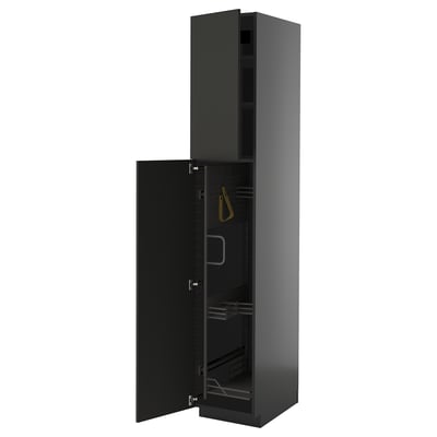 Black METOD tall cabinet with open door revealing shelves, nickel hinges and yellow handle.