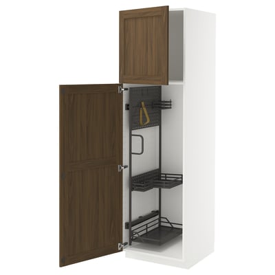 This image shows a white METOD kitchen cabinet with walnut-brown doors. One door is open, revealing black pull-out shelves and organizers inside.