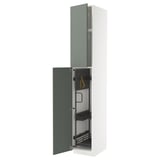 Modern white and green METOD kitchen cabinet with open door and storage shelves.