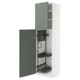 Modern kitchen cabinet with gray-green door, white body, adjustable shelves, and organizer; part of METOD system.