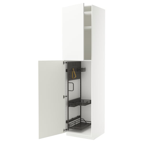 White METOD kitchen cabinet, glossy, with black pull-out organizers.