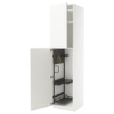 White METOD kitchen cabinet, glossy, with black pull-out organizers.