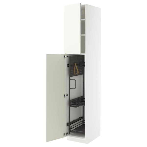 Ikea METOD white cabinet, open showcasing shelves and pull-out organizers.
