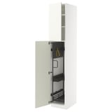 Ikea METOD white cabinet, open showcasing shelves and pull-out organizers.