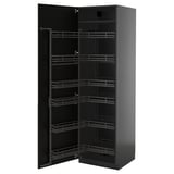 Black pull-out larder unit by ikea, part of the METOD kitchen system. Multiple wire shelves behind a dark, beveled wooden door.