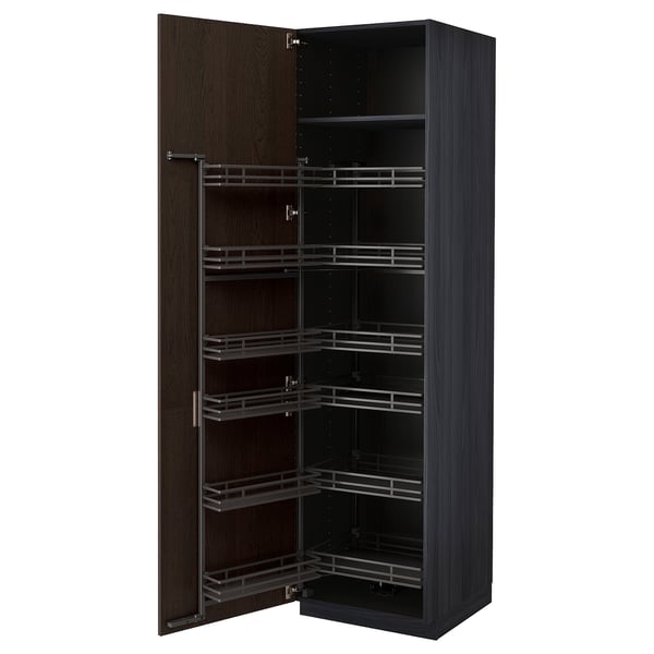 Dark brown METOD kitchen cabinet, oak veneer with wooden edge, sleek pull-out shelves.