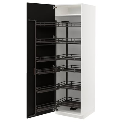 White METOD kitchen cabinet with pull-out black shelves and dark handle.