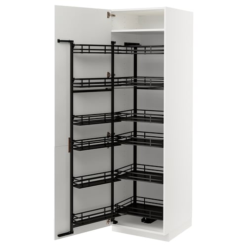 A white METOD cabinet with black pull-out shelves.
