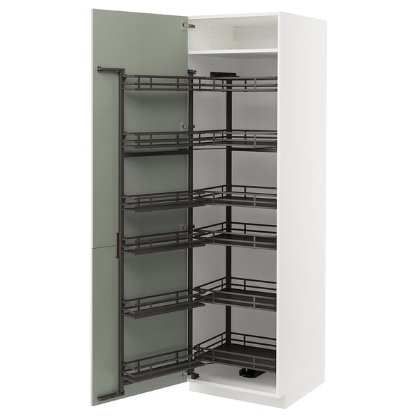 White METOD kitchen cabinet with green glass door, pull-out shelves.