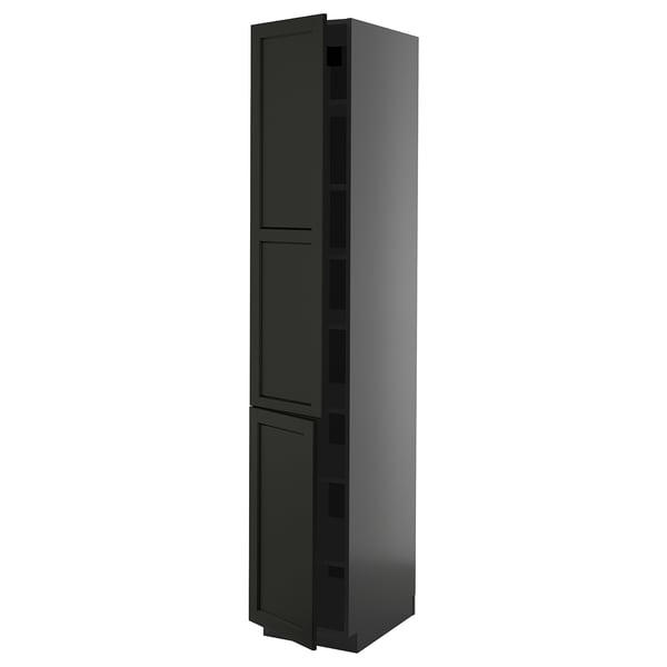 A dark grey METOD kitchen cabinet with wooden doors and a rectangular shape, featuring beveled edges and adjustable shelves.