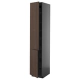 A tall, dark gray kitchen cabinet with a dark brown wood grain door and a sleek, modern design.