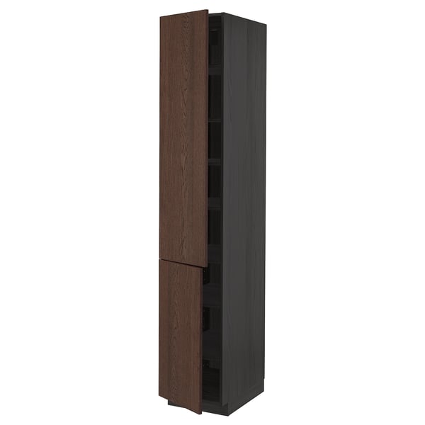 Modern METOD kitchen cabinet, dark wood, adjustable shelves.