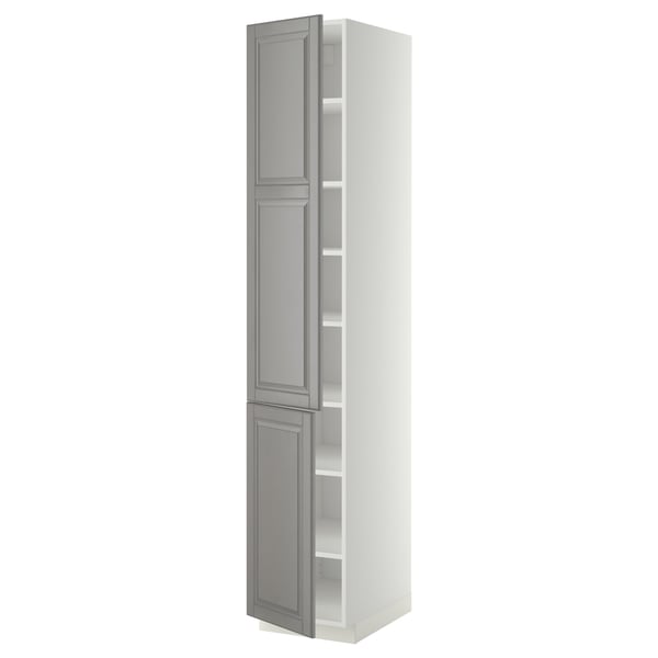 Soft grey METOD kitchen cabinet with beveled doors and adjustable shelves.