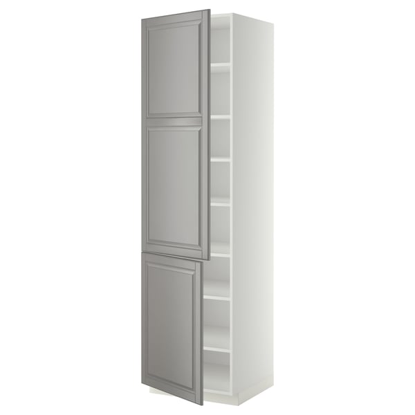 White and gray METOD kitchen cabinet with three shelves.