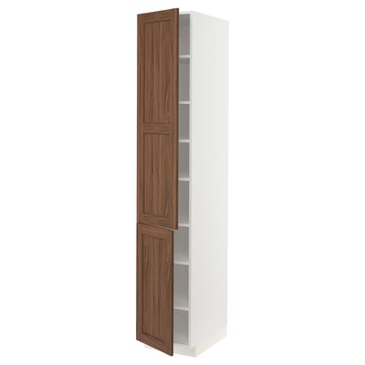METOD kitchen cabinet, white and brown, wood finish, tall, two doors.