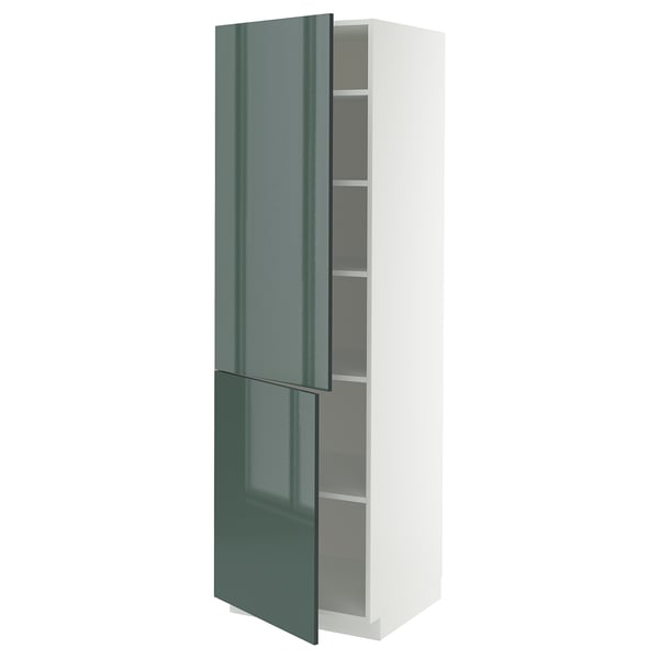 Modern tall METOD cabinet with grey-green gloss door and white frame.