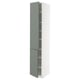 A tall, white METOD kitchen cabinet with green-gray nickeby doors and adjustable shelves.