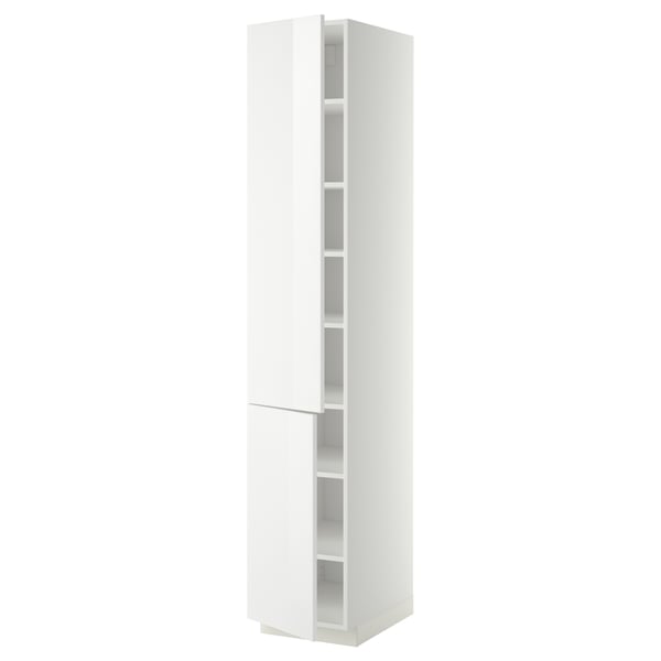 White METOD tall cabinet with glossy finish and adjustable shelves.