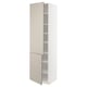 White METOD kitchen cabinet with beige doors, rectangular, two doors open revealing adjustable shelves, modern design.