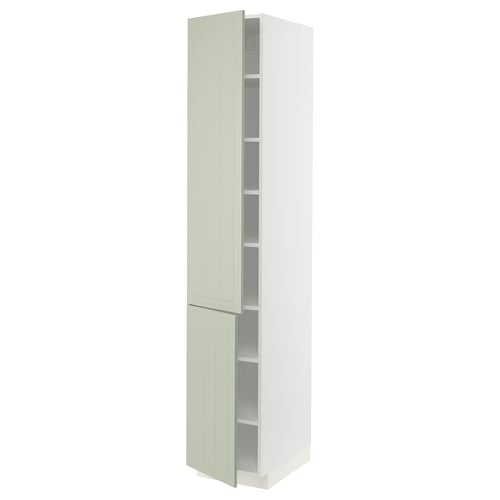 A tall, green-white kitchen cabinet from the METOD system with adjustable shelves and left or right door mounting.