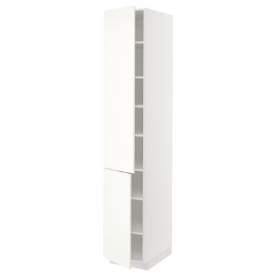 White METOD tall storage cabinet with open shelves.