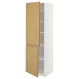 METOD white cabinet with oak doors, minimalist design, tall and slim, drawer open.