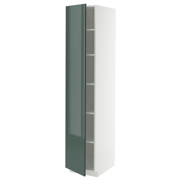 High gloss green METOD kitchen cabinet, adjustable shelves, white frame.