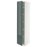 High gloss green METOD kitchen cabinet, adjustable shelves, white frame.