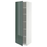 A high gloss green metro kitchen cabinet with white interior and adjustable shelves.