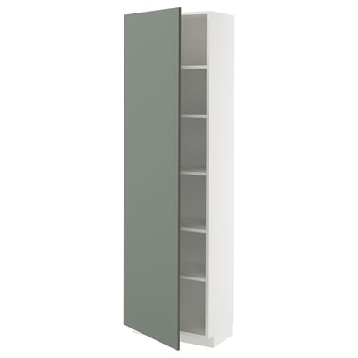 Modern white and green kitchen cabinet with adjustable shelves.