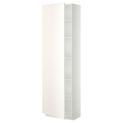 White modern tall storage cabinet, minimalist design, smooth surfaces, adjustable shelves.