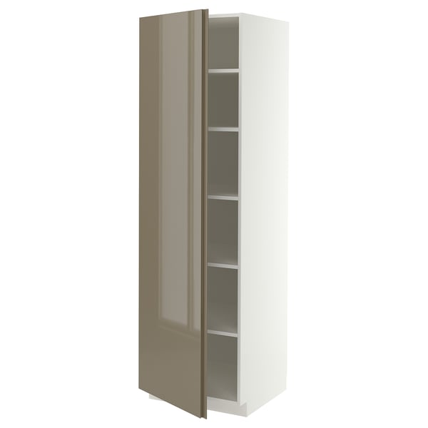 METOD High cabinet with shelves, white/VOXTORP high-gloss dark grey-brown vertical, 60x60x200 cm