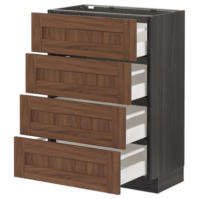 Wood-toned kitchen drawers, modern, 4-layered, sleek design.