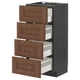 METOD kitchen unit with 4 walnut-brown drawers, dense wood texture, on dark wood structure, fully extendable drawers.