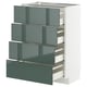 Modern kitchen unit with four grey-green high-gloss drawers, white frame, sleek design.