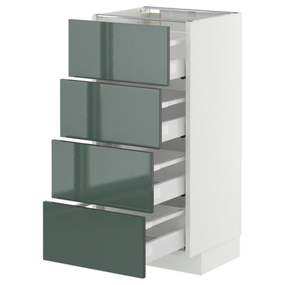 Modern white METOD kitchen cabinet with four grey-green high-gloss drawers.