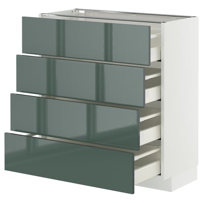 Modern grey-green kitchen cabinet with sleek, glossy drawers in a white frame.