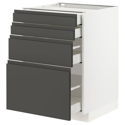 METOD kitchen unit with dark grey drawers and white base.