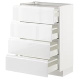 METOD kitchen unit, white, four drawers, modern, glossy, vertical shape, integrated handles.