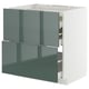 Modern kitchen cabinet, white, high-gloss grey-green drawers, rectangular, sleek design.
