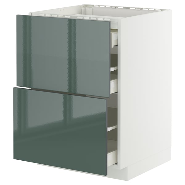Modern gray-green high-gloss kitchen cabinet with multiple drawers and shelves.