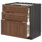 METOD kitchen unit in walnut finish with three drawers and sleek wooden handles.