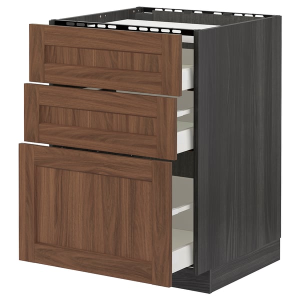 Ikea METOD kitchen unit, walnut, three drawers, dark frame, wooden handles, square shape.