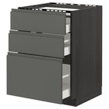 Modern dark grey kitchen cabinet with three pull-out drawers, sleek handle-less design, sturdy frame, smooth self-closing drawers.