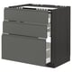 Modern dark gray METOD kitchen cabinet with three pull-out drawers, sleek handles, and sturdy wood frame.