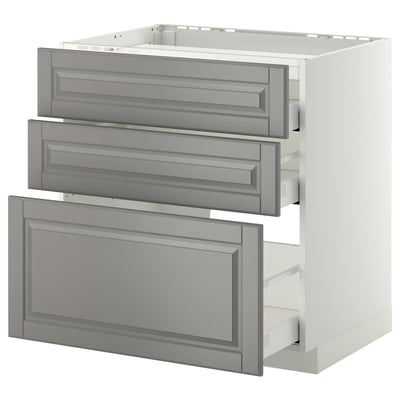White METOD cabinet with 3 grey drawers, partial overlap, smooth fronts.
