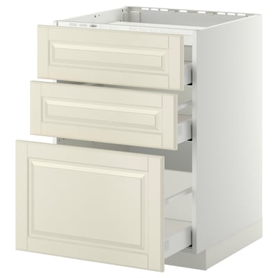A cream-colored METOD kitchen cabinet with three drawers and a door. It has a traditional design with beveled edges and a sturdy frame.