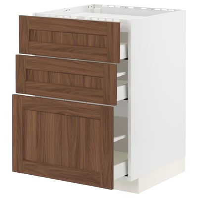 A white METOD kitchen unit with three walnut-finished drawers. It a modern design with a durable frame and smooth-running self-closing drawers.