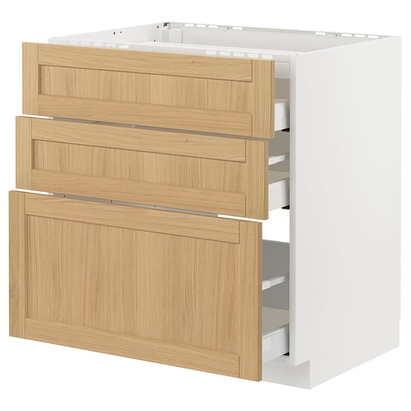 METOD kitchen unit with 3 oak-veneer drawers, light wood grain pattern, partially open.